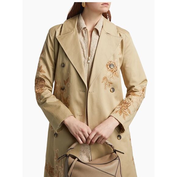 L'AGENCE Venus Floral-Embroidered Double-Breasted Trench Coat in Tan 2 - Picture 4 of 7